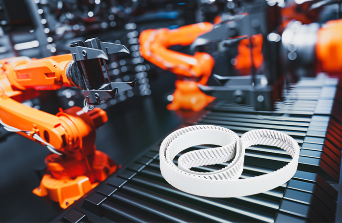 Robotic arms on an automated production line using polyurethane synchronous timing belts with toothed structure for precise and stable power transmission.