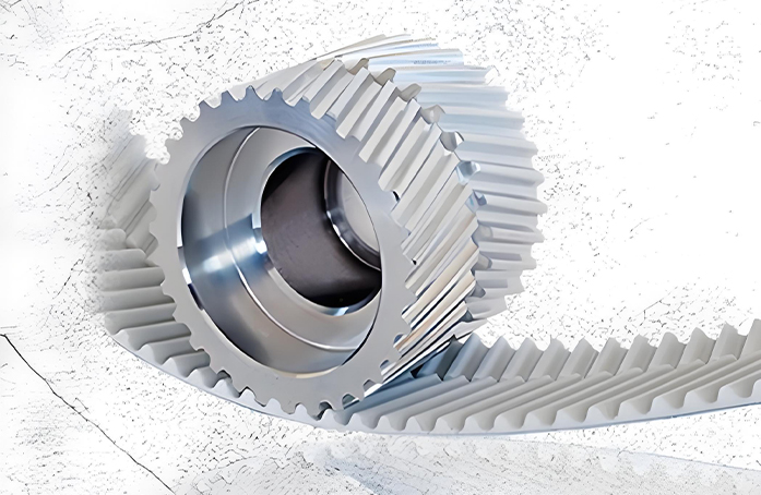 A close-up view of a precision metal synchronous pulley engaging with a toothed belt, showcasing the high-precision structure of an industrial-grade belt drive system.