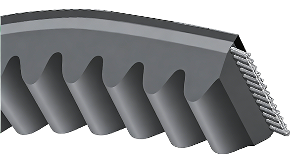 Variable diameter automotive V-belt construction showing layered internal design